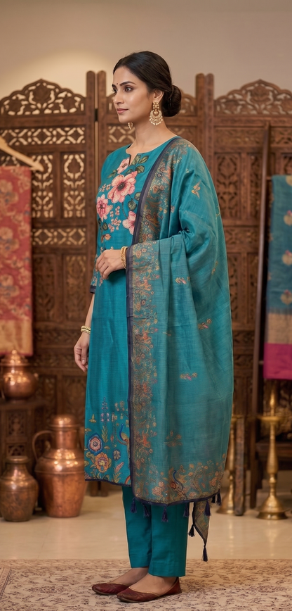 Woman wearing a teal traditional outfit with floral patterns in a decorative setting. | Teal Blue Floral Print Suit Set