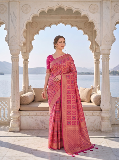 Rani Pink Patola Saree with Woven Zari Design