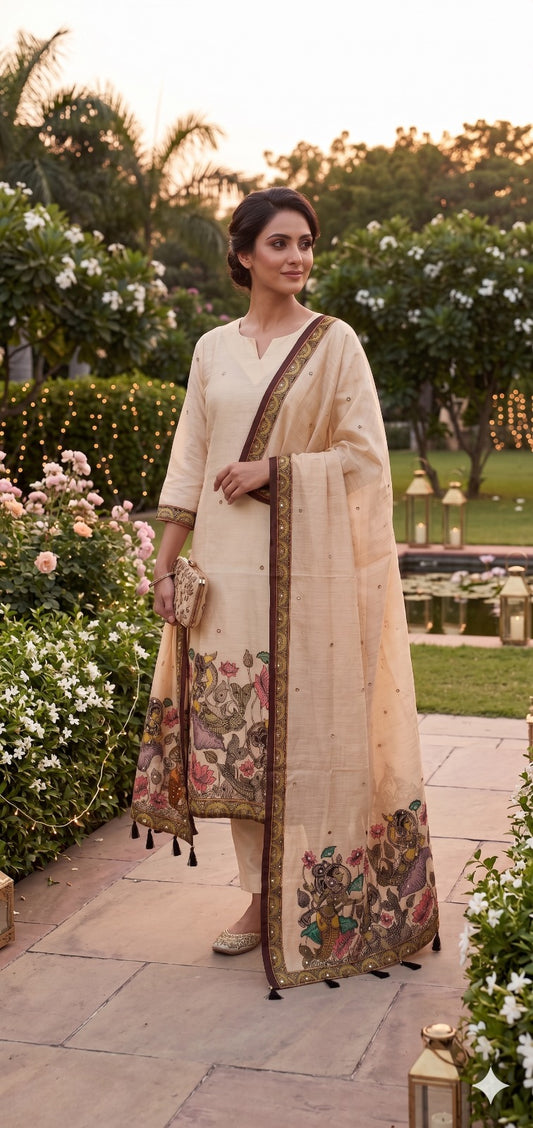 Off-White Kalamkari Hand Embroidered Kurta Set with Dupatta