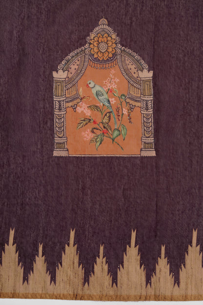 Brown Mughal Bird Print Handwork Chanderi Cotton Saree, Decorative fabric with a central floral and bird design on a purple background