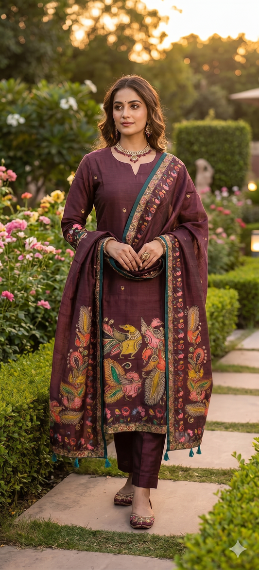 Maroon Kalamkari Hand Embroidered Kurta Set with Dupatta