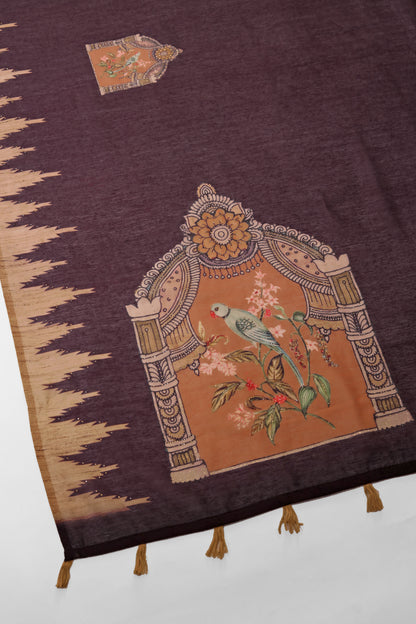 Brown Mughal Bird Print Handwork Chanderi Cotton Saree , Traditional fabric with intricate patterns and a bird design on a purple background