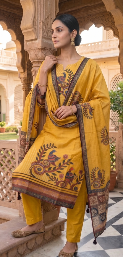 Mustard Yellow Kalamkari Peacock Suit Set