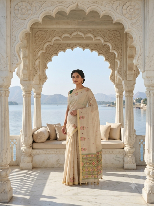 A woman wearing a cream-colored saree with colorful floral patterns and a decorative border stands under a carved stone pavilion with a lake and mountains in the background. | Cream Cotton Jamdani Saree with Floral Border