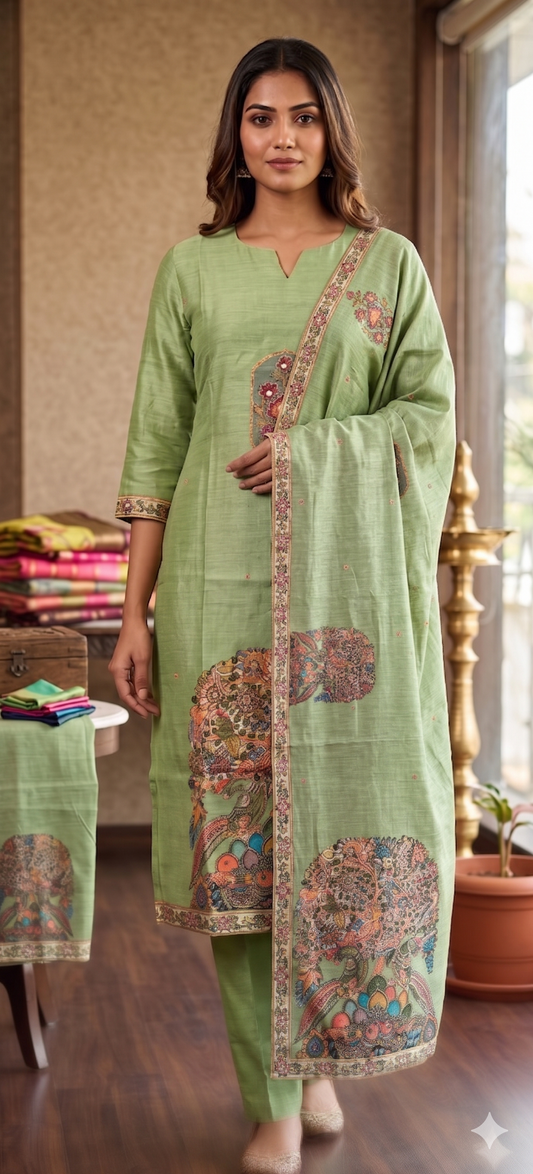 A woman modeling a light green traditional Indian salwar kameez suit with intricate multicolor floral embroidery and a matching dupatta, set against an indoor background. | Sage Green Kalamkari Hand Embroidered Kurta Set with Dupatta
