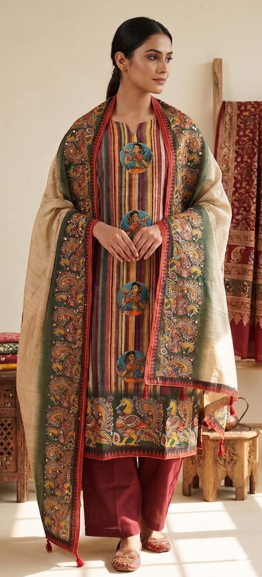 Red Kalamkari Chanderi Hand Embroidered Kurta Set with Dupatta