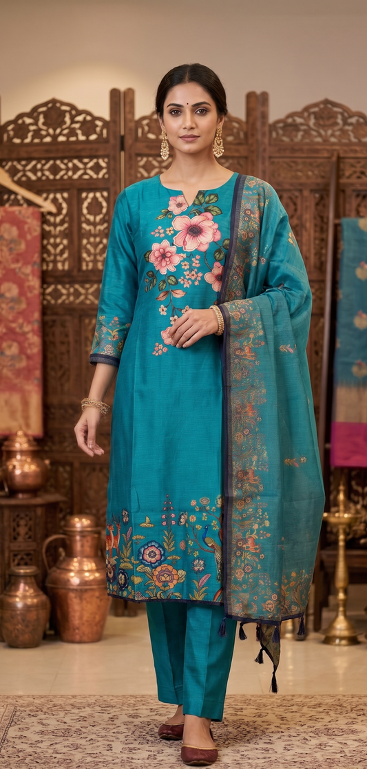 Woman wearing a blue embroidered outfit with a matching dupatta in a decorative setting. | Teal Blue Floral Print Suit Set