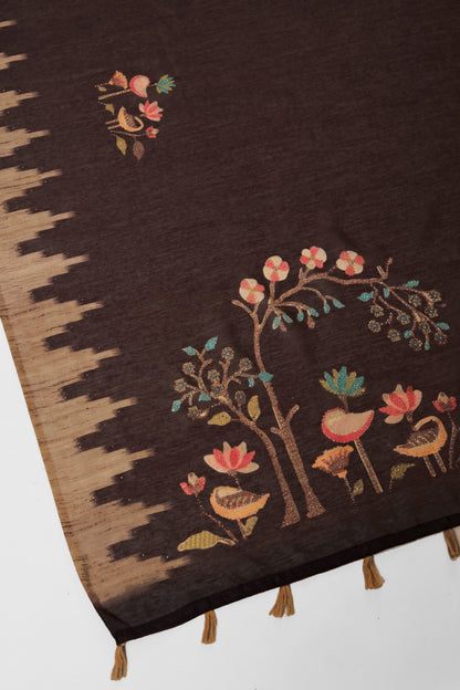 Brown Bird & Tree Handwork Saree | Yuvani Vesture Brown fabric with embroidered floral and bird patterns on a white background
