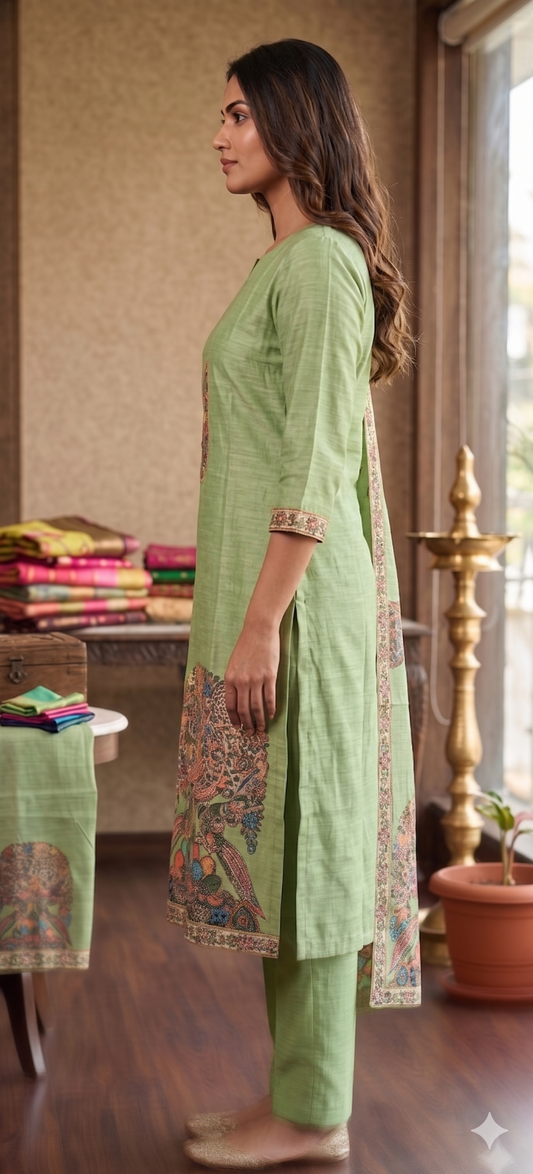 A woman modeling a light green three-piece salwar kameez suit in a traditional Indian room. The set includes a long kurta with colorful printed border details, matching trousers, and a coordinating dupatta. | Sage Green Kalamkari Hand Embroidered Kurta Set with Dupatta
