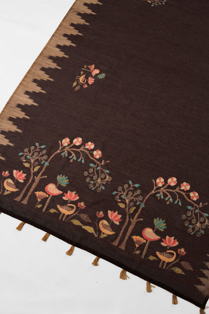 Brown Bird & Tree Handwork Saree | Yuvani Vesture