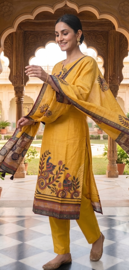 Mustard Yellow Kalamkari Peacock Suit Set