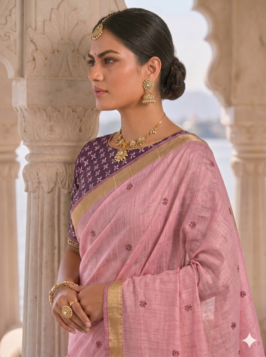 Blush Pink Jamdani Saree with Swan Motif Pallu
