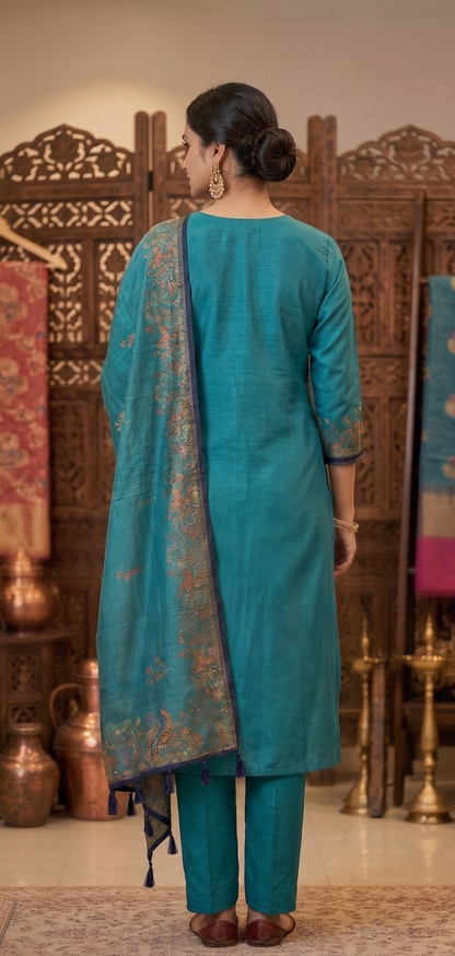Woman in a teal traditional outfit standing in front of decorative wall panels. | Teal Blue Floral Print Suit Set