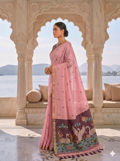 Blush Pink Jamdani Saree with Swan Motif Pallu