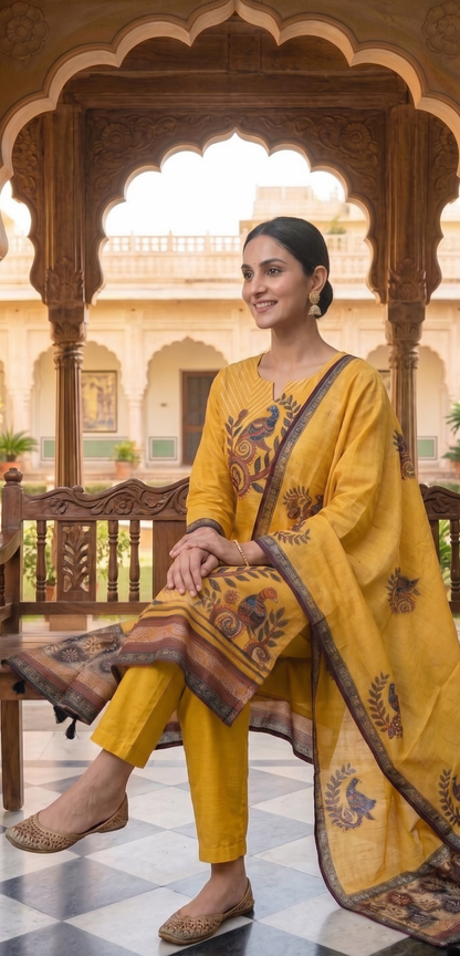 Mustard Yellow Kalamkari Peacock Suit Set