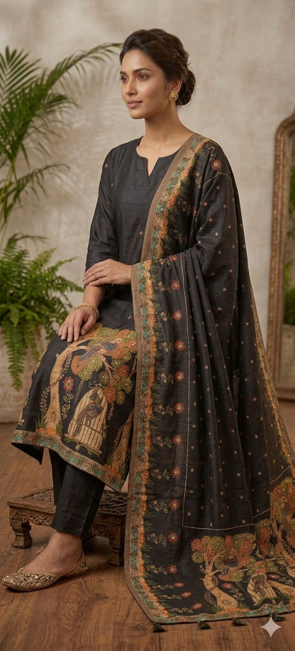 Black Madhubani Hand Embroidered Kurta Set with Dupatta