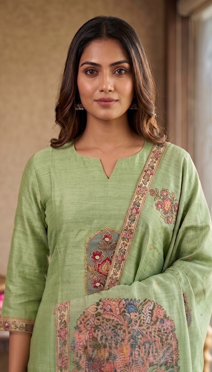 A woman wearing a light sage green unstitched salwar kameez set with intricate multicolor floral embroidery and a matching embroidered dupatta. | Sage Green Kalamkari Hand Embroidered Kurta Set with Dupatta