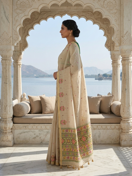 A woman stands in profile wearing a cream-colored saree with pink floral motifs and a green border, posed in front of a carved stone archway overlooking a lake. | Cream Cotton Jamdani Saree with Floral Border