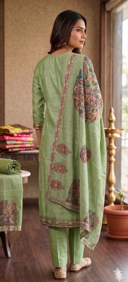 A woman wearing a light green three-piece traditional outfit with a matching dupatta featuring colorful floral and paisley motifs, standing in a warm-toned indoor setting. | Sage Green Kalamkari Hand Embroidered Kurta Set with Dupatta