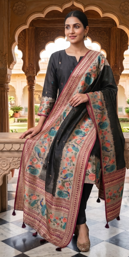 Black Ethnic Peacock Print Kurti Set