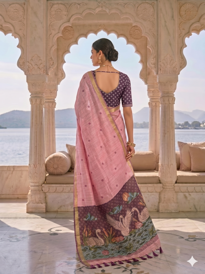 Blush Pink Jamdani Saree with Swan Motif Pallu
