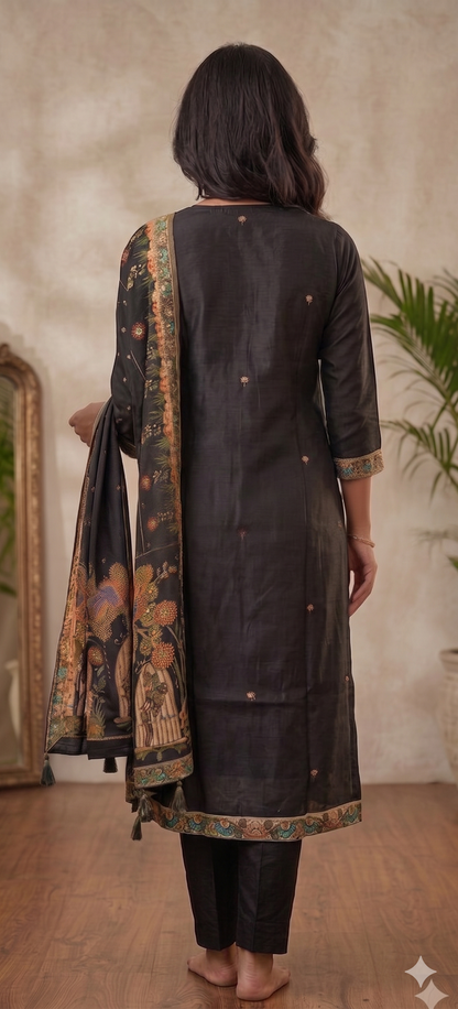 Black Madhubani Hand Embroidered Kurta Set with Dupatta