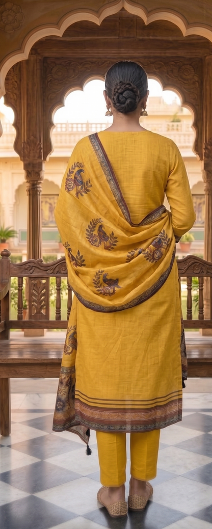 Mustard Yellow Kalamkari Peacock Suit Set