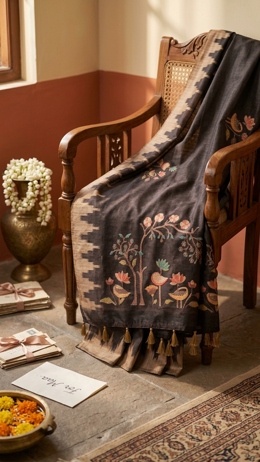 Brown Bird & Tree Handwork Saree | Yuvani Vesture , Decorative blanket with floral patterns draped over a wooden chair in a warm-toned room.