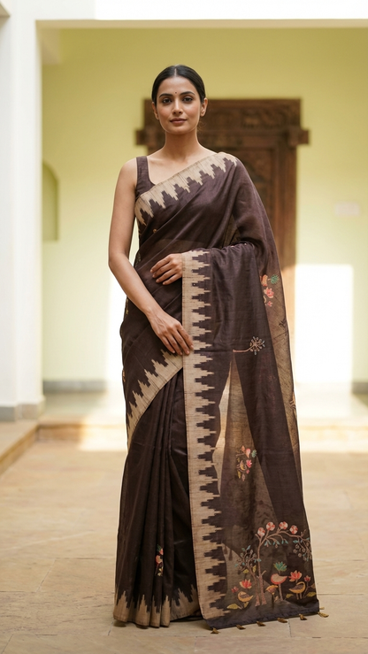 Brown Bird & Tree Handwork Saree | Yuvani Vesture , Woman wearing a traditional brown saree with a decorative border indoors.