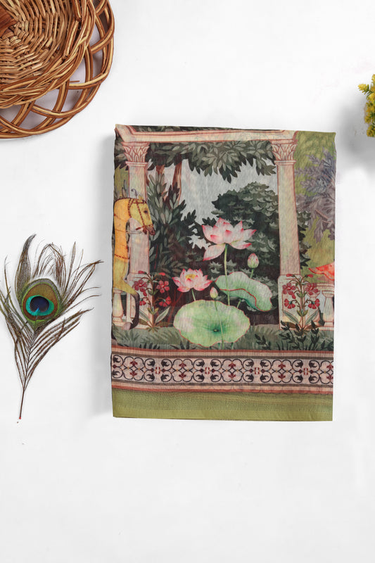 Decorative notebook with floral and architectural design on a white background  Baagh Mahal Chanderi Saree | yuvani vesture