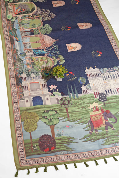 Decorative rug with intricate patterns and colors, featuring animals and landscapes. Baagh Mahal Chanderi Saree | yuvani vesture