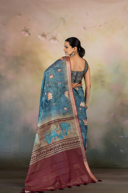 Blue Hand Kalamkari Print JacquardChecks Saree | Kalamkari Silk Sarees - Yuvani