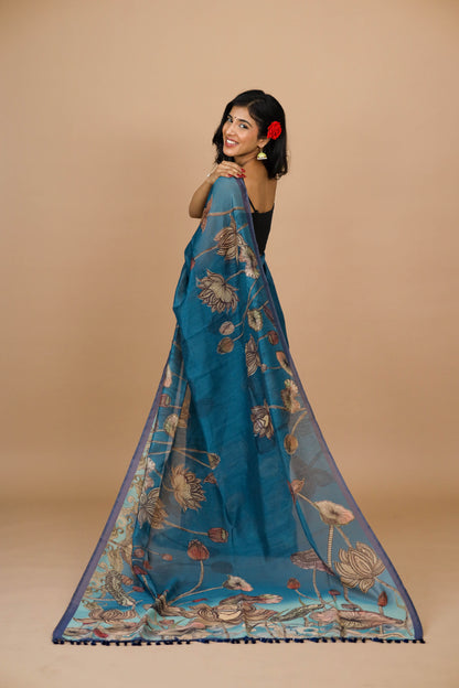 Blue Lotus Pichwai Print Saree | pichwai saree | Yuvani vesture