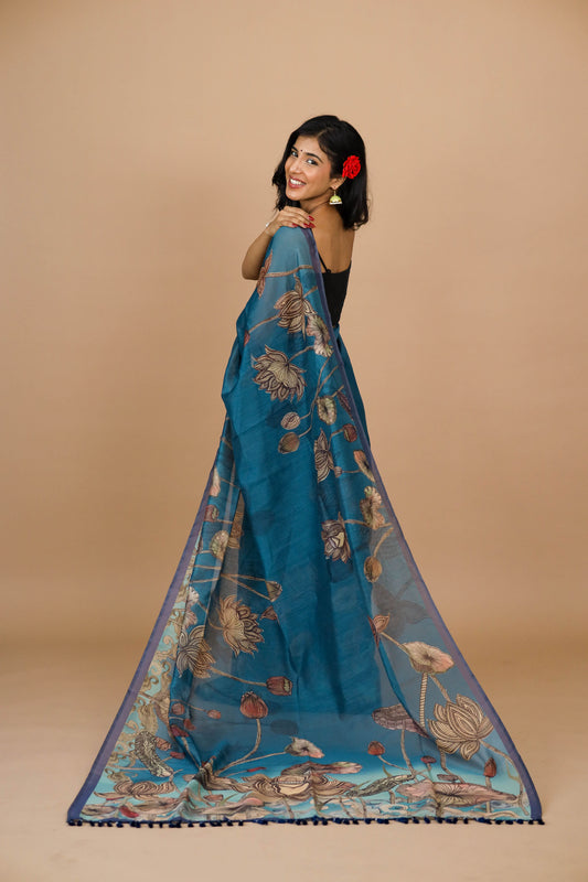 Blue Lotus Pichwai Print Saree | pichwai saree | Yuvani vesture