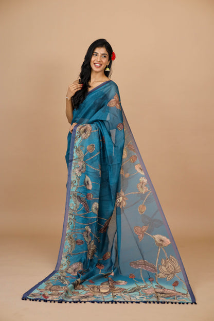 Blue Lotus Pichwai Print Saree | pichwai saree | Yuvani vesture