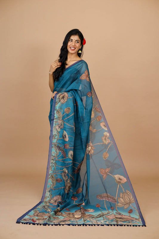 Blue Lotus Pichwai Print Saree | pichwai saree | Yuvani vesture