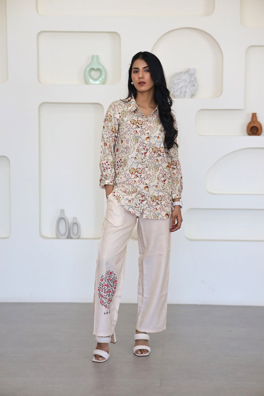 Cream Floral Printed Co Ord Set - Yuvani