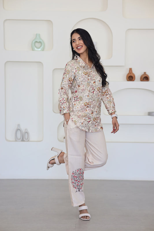 Cream Floral Printed Co Ord Set - Yuvani