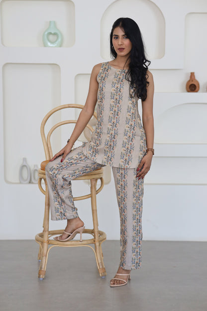 Earthy Floral Stripes Sleeveless Co-Ord Set - Yuvani