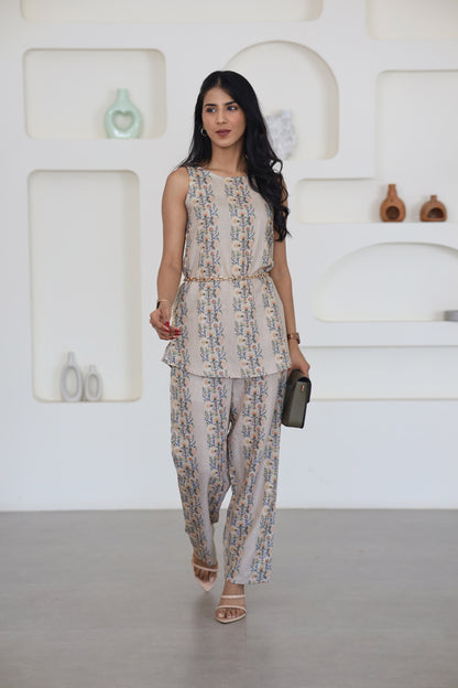 Earthy Floral Stripes Sleeveless Co-Ord Set - Yuvani
