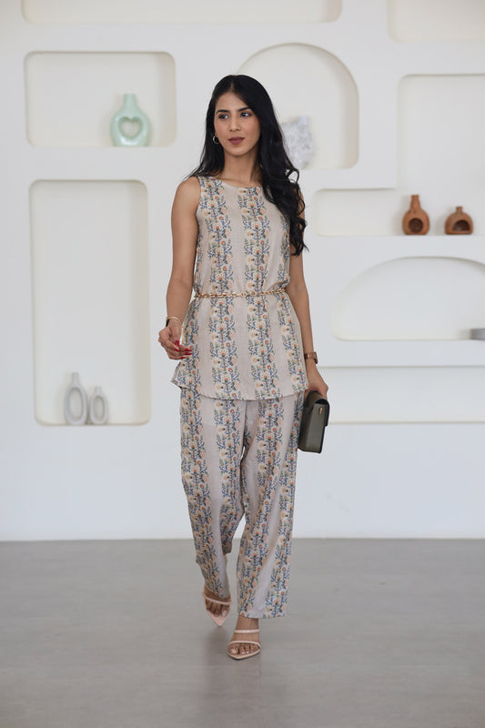 Earthy Floral Stripes Sleeveless Co-Ord Set - Yuvani