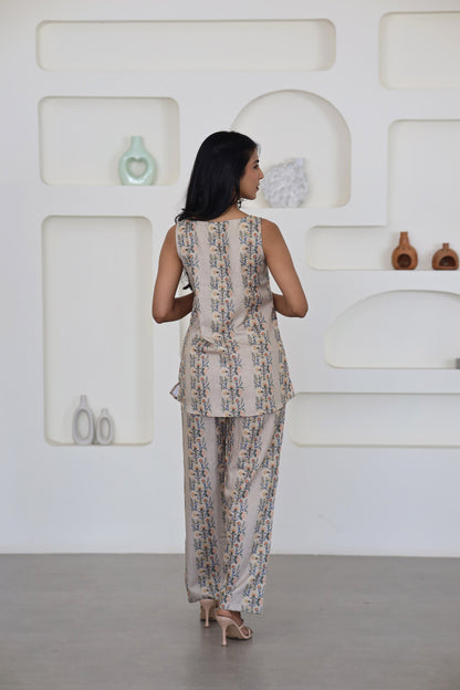 Earthy Floral Stripes Sleeveless Co-Ord Set - Yuvani