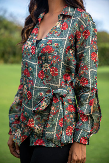 Floral Frame Tie-up Green Shirt - Yuvani