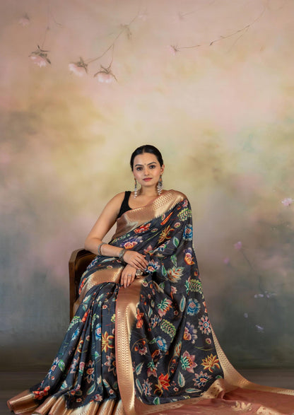 Floral Kalamkari Print Jacquard Saree  | kalamkari print sarees | Yuvani