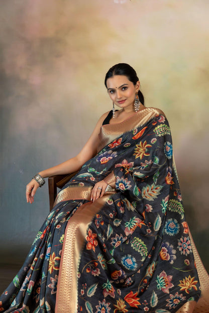 Floral Kalamkari Print Jacquard Saree  | kalamkari print sarees | Yuvani