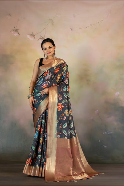 Floral Kalamkari Print Jacquard Saree  | kalamkari print sarees | Yuvani