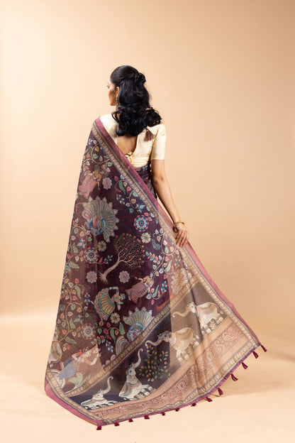 Woman wearing a traditional saree with intricate patterns on a beige background Gajleela Chanderi Saree |   Yuvani Vesture