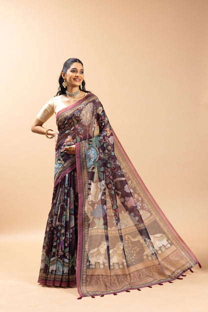 Woman wearing a traditional saree with a patterned design on a beige background Gajleela Chanderi Saree |   Yuvani Vesture