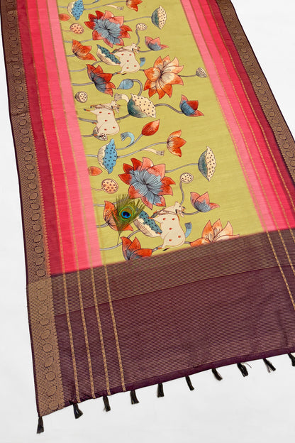 Gau Leela Jacquard Silk Saree | pichwai saree | Yuvani vesture