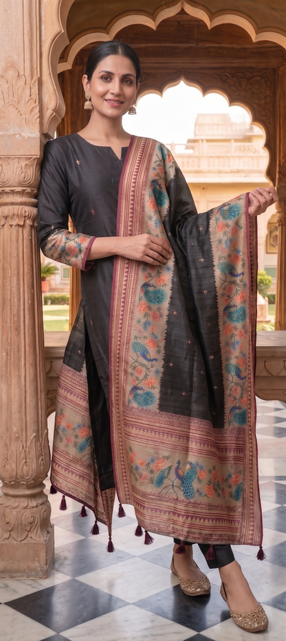Black Ethnic Peacock Print Kurti Set